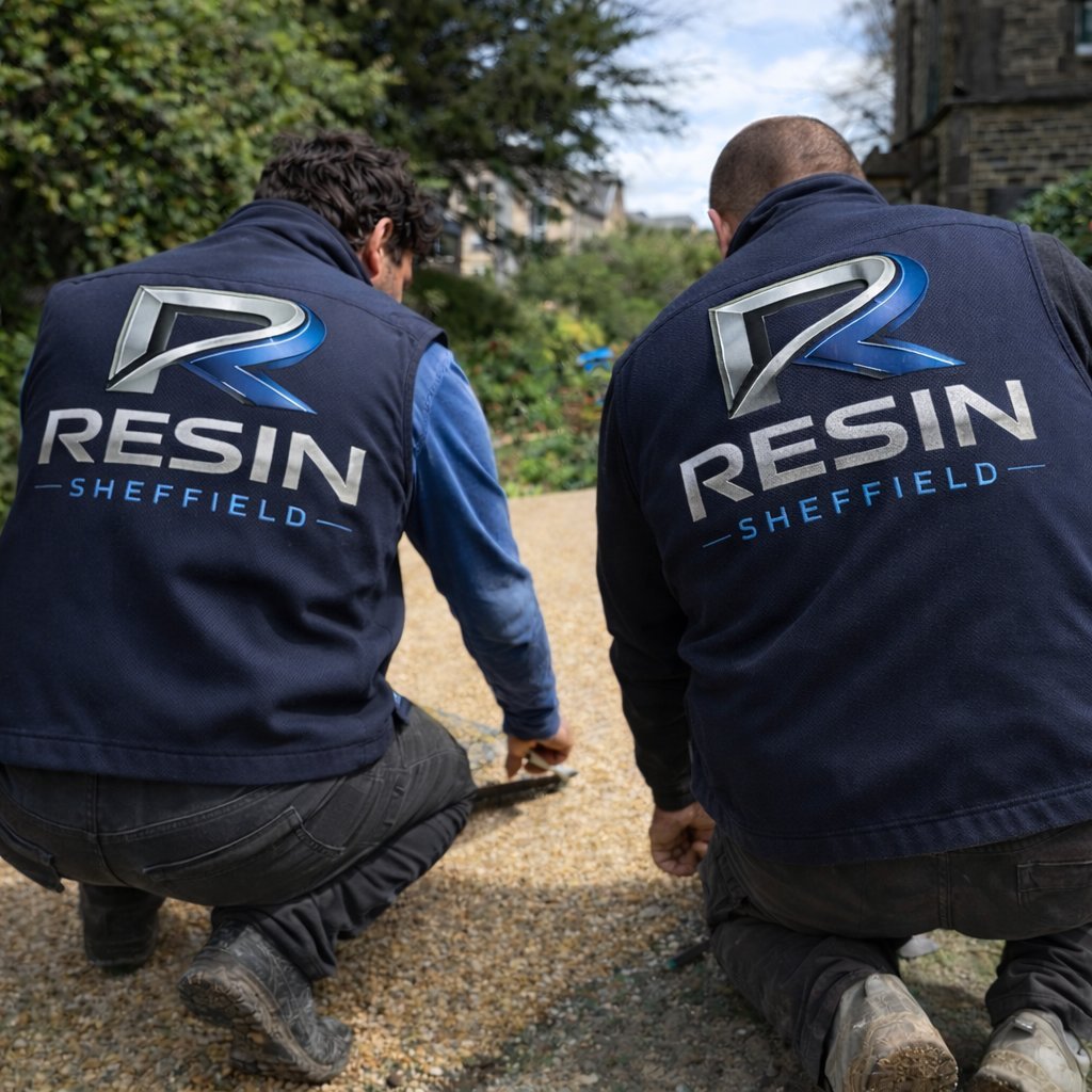 Two workers wearing navy Resin Sheffield branded vests kneel on a gravel path outdoors with buildings and greenery visible in the background